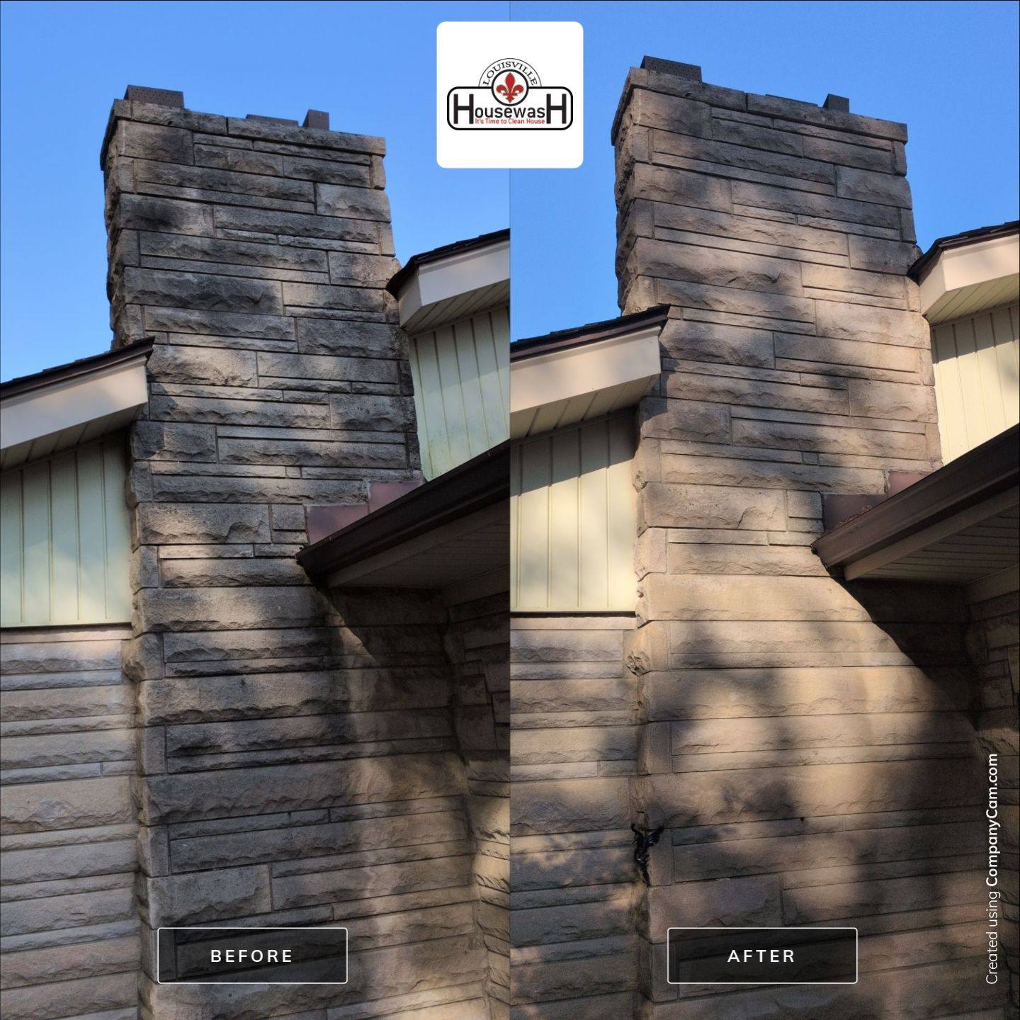 Stone chimney cleaned of algae