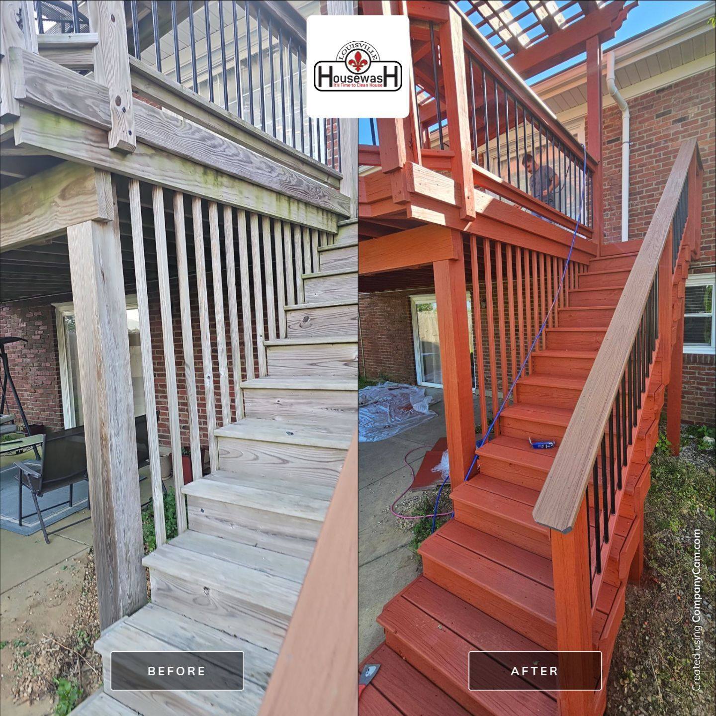 Wooden deck stairs cleaned and stained