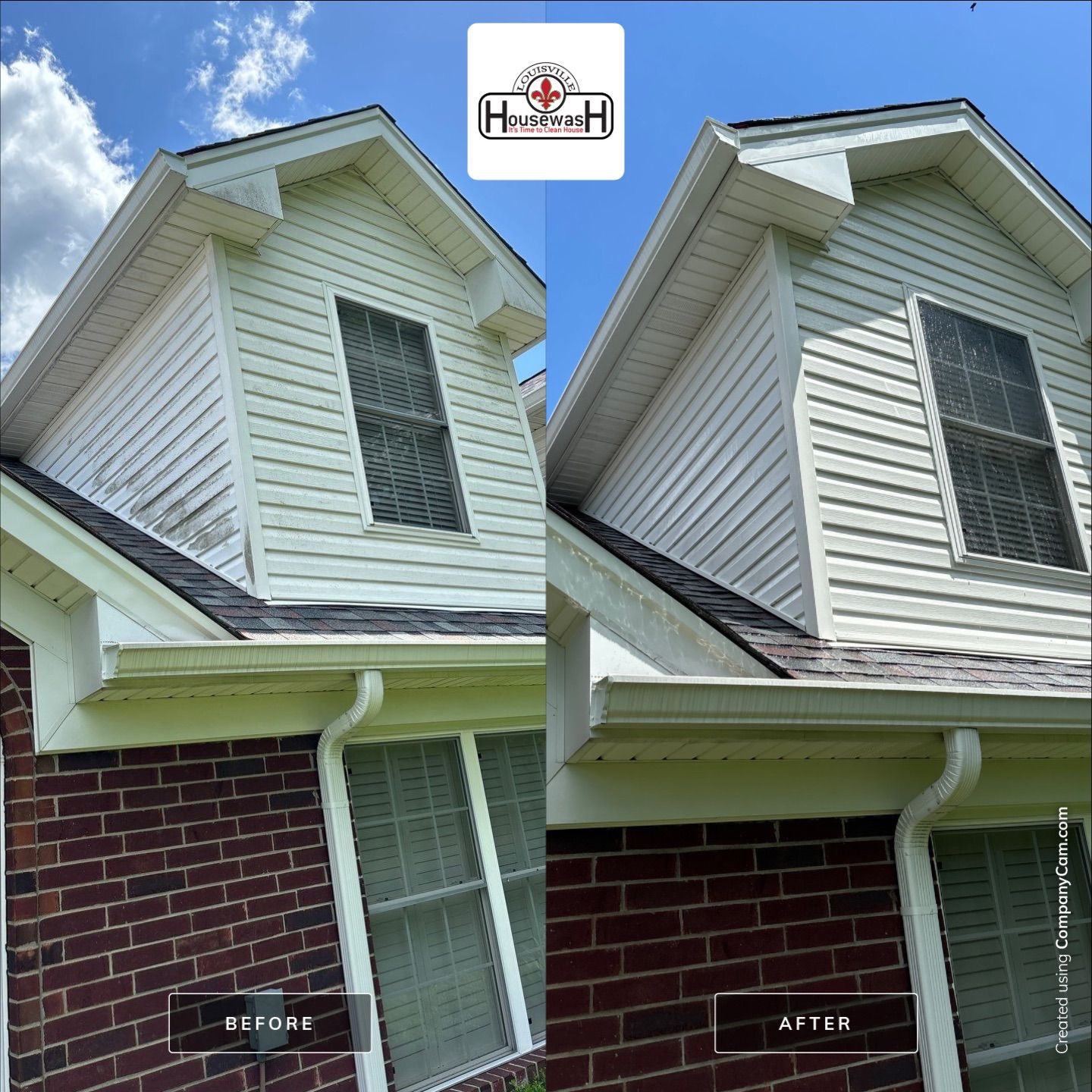 Gable vinyl siding cleaned of mildew