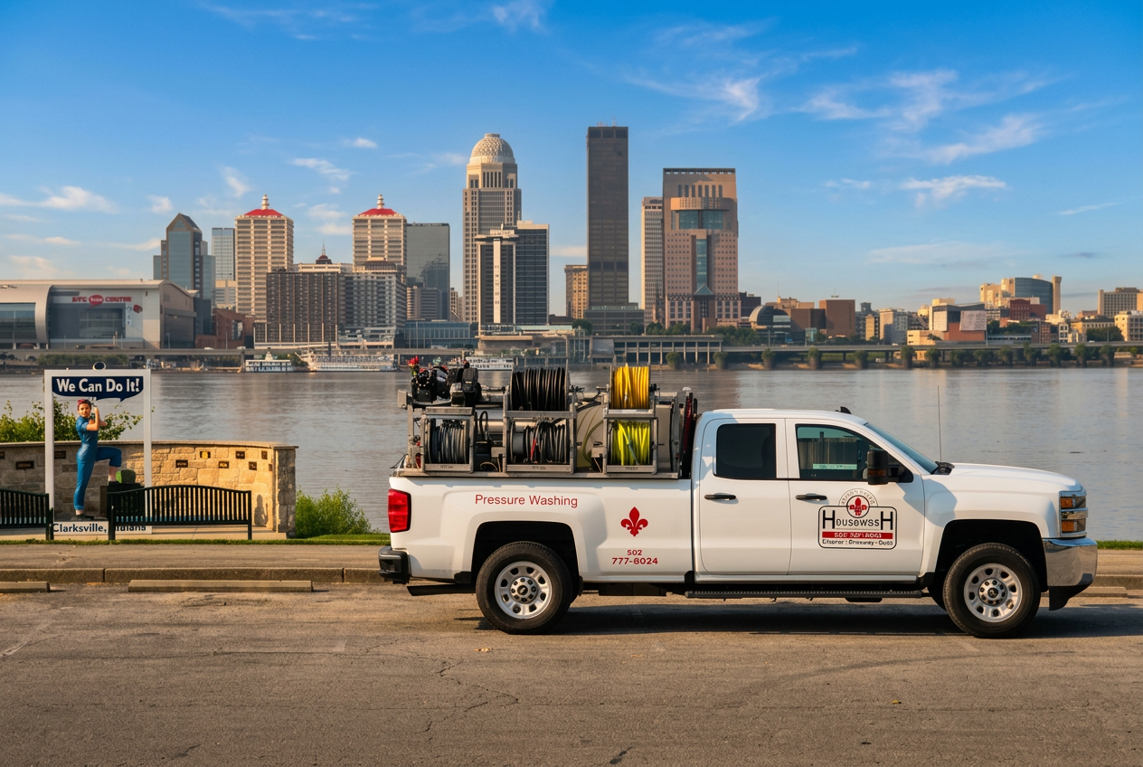 Louisville Housewash company truck along the Ohio River with the Louisville skyline