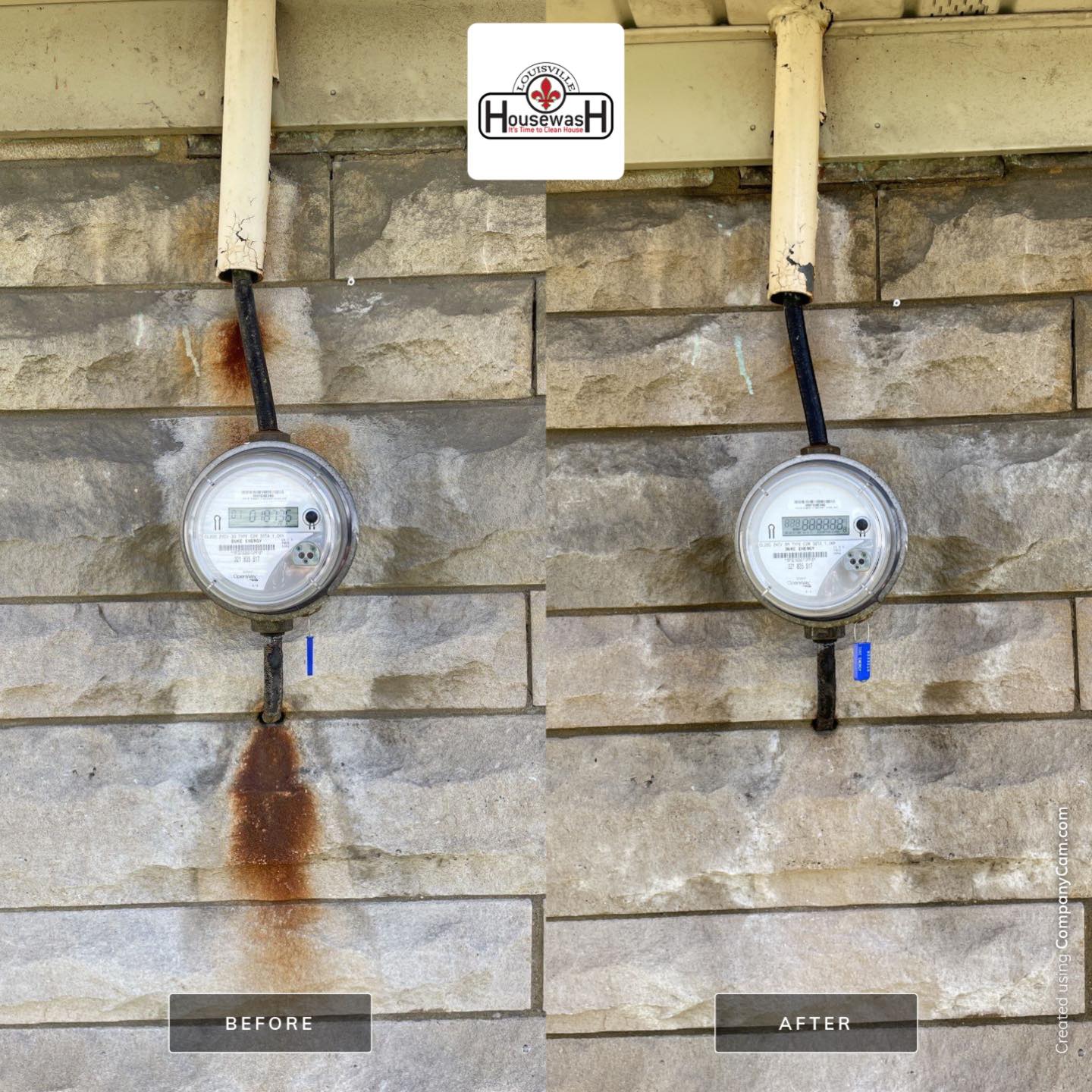 Stone siding around utility meter cleaned of rust stains