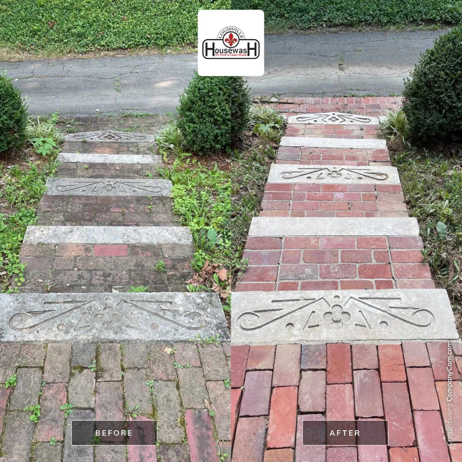 Brick and stone paver walkway before and after pressure washing