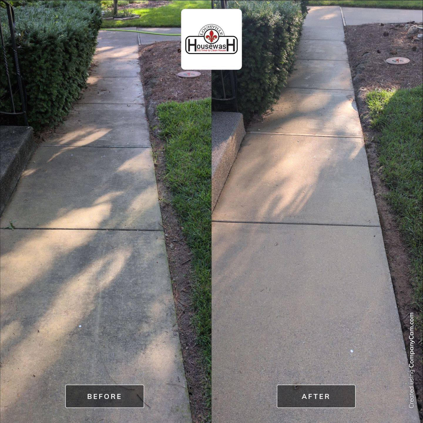 Concrete sidewalk before and after pressure washing