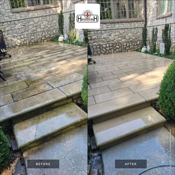 Stone patio steps before and after cleaning