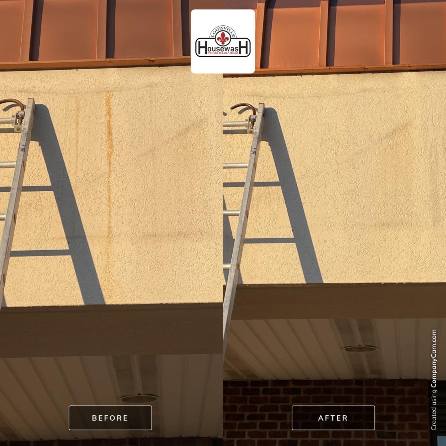 Stucco wall cleaned of rust streaks